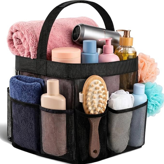 Masirs Shower Caddy Mesh - 9 Pocket Portable Bathroom Organizer Tote for Travel, Gym & Dorm - Collapsible Small Shower Caddy Bag to Hold Toiletries & Essentials (Black)