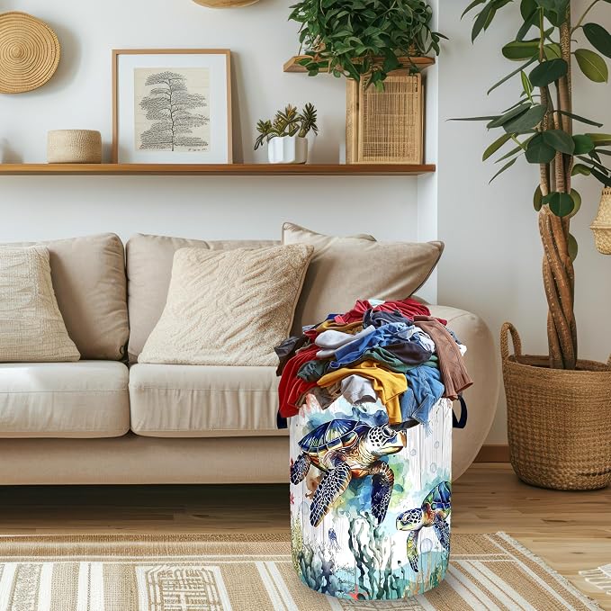 Funny Ocean Sea Turtle Laundry Basket Oxford Cloth Cute Turtles Laundry Hamper With Handle Foldable Portable Clothes Storage Basket Ocean Laundry Bag 18.9"x16.5" For Laundry Room/Bedroom/Bathrooms