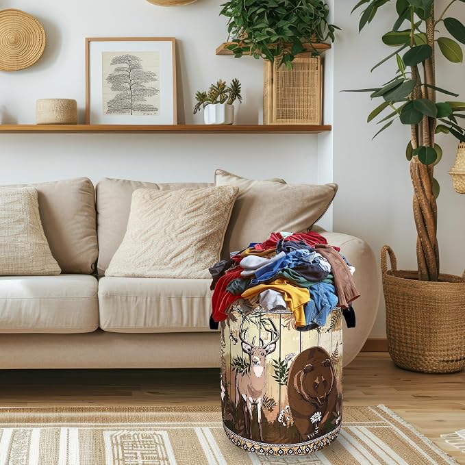 Funny Laundry Basket Oxford Cloth Forest Animal Bear and Deer Laundry Hamper With Handle Foldable Portable Clothes Storage Basket Colorful Laundry Bag 18.9"x16.5" For Laundry Room/Bedroom/Bathrooms