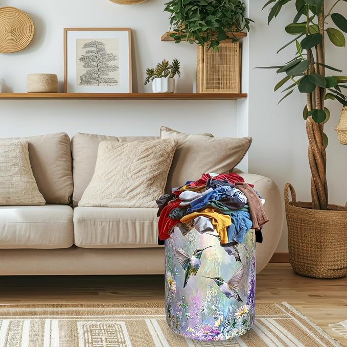 Beautiful Hummingbird Laundry Basket Oxford Cloth Hamper 18.9"x16.5" | Colorful Flower Laundry Hamper With Handle Foldable Portable Clothes Storage Laundry Bag For Laundry Room/Bedroom/Bathrooms
