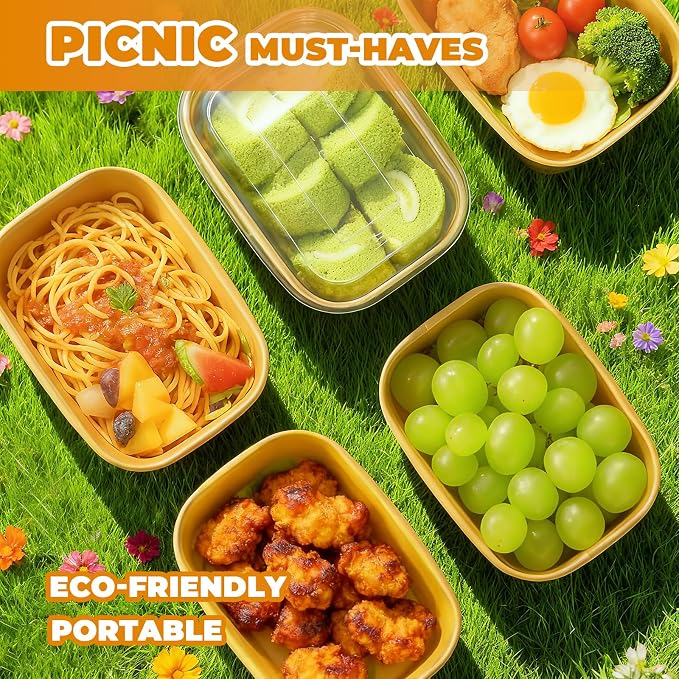 Kaderron 50 Pack 20 OZ Large Paper Bowls with Lids with Spoons and Forks, Heavy Duty Disposable Meal Prep Containers for Party, Soak-Proof and Microwave Safe for Hot/Cold Use