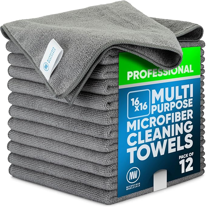 MW Pro Microfiber Cleaning Cloth | Gray | 12 Pack | 16” x 16” | All Purpose Microfiber Towels - Clean, Dust, Polish, Scrub, Absorbent