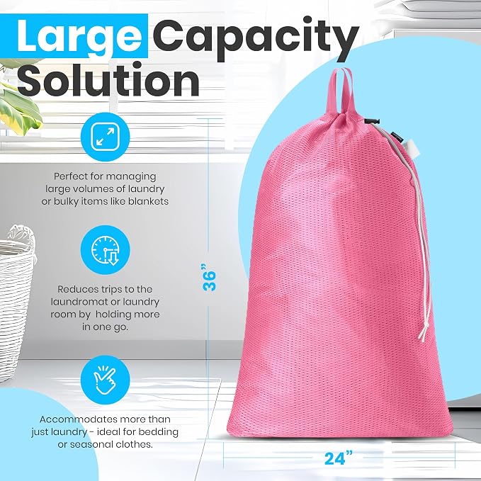 Handy Laundry Mesh XL Laundry Bag 24"x36" with Shoulder Strap, Pink | XL 24x36 Mesh Laundry Bag, Handles & Shoulder Strap, Breathable, Machine Washable, Dorm Travel Bedding, Pink