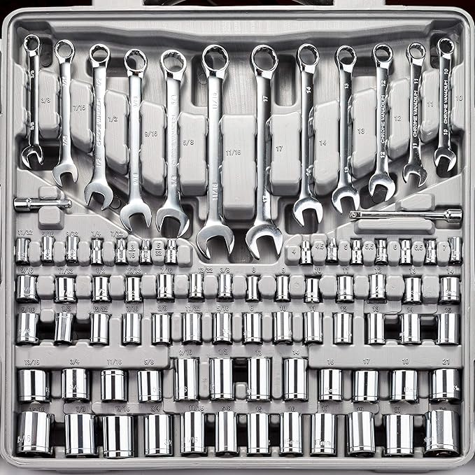 CARTMAN 205-Piece Ratchet Wrench Tool Set, SAE/Metric Socket Kit Carry Case | Professional ratchet wrench and socket assortment for car jobs, mechanics, DIY projects, home fixes, and general maintenance.