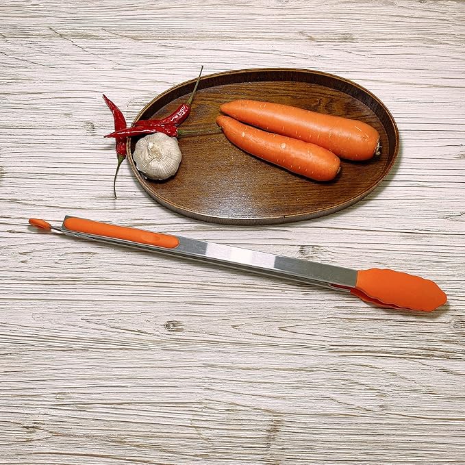 18 inch Extra Long Grill Tongs (1 orange +1 black), with Silicone Tip Head, Stainless Steel Barbecue Tongs with Long Handle, Large Sized Food Tong, Extended Serving Tong