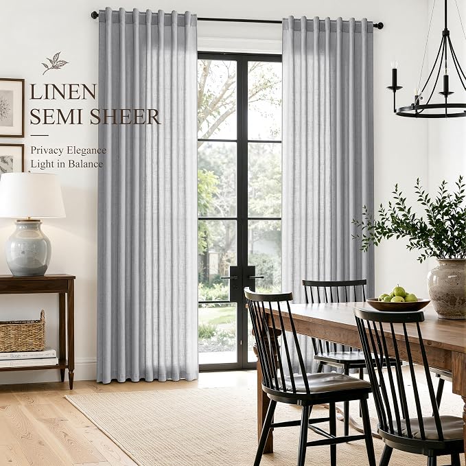 Hokibero Grey Linen Curtains 84 Inches Long Drape for Living Room 2 Panels | Light Filtering Semi Sheer Curtain, Back Tab Rod Pocket Pleated Look, Gray Privacy Drapes for Bedroom Window, Boho Farmhouse