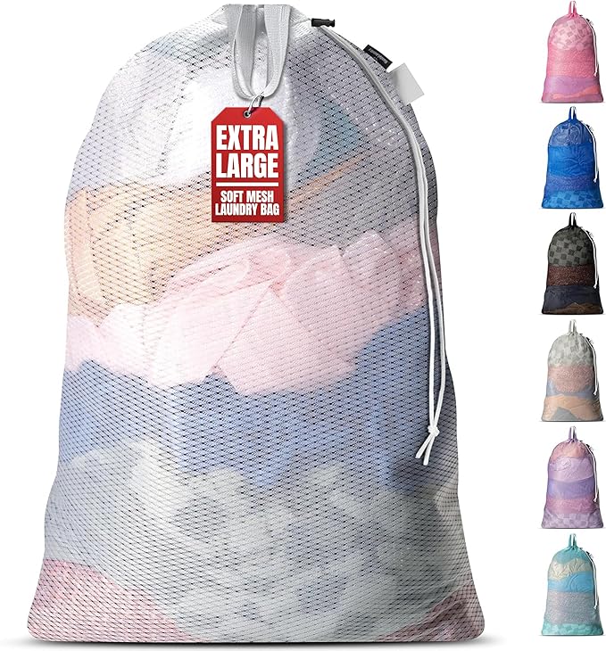 Handy Laundry Mesh XL Laundry Bag 24"x36" with Shoulder Strap, White | XL 24x36 Mesh Laundry Bag, Handles & Shoulder Strap, Breathable, Machine Washable, Dorm Travel Bedding, White