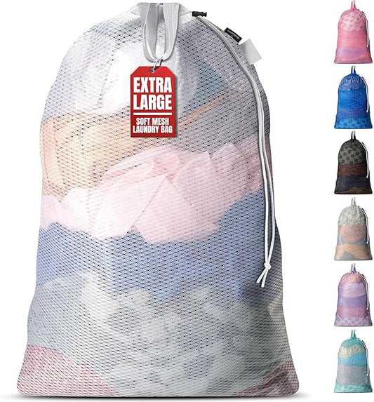 Handy Laundry Mesh XL Laundry Bag 24"x36" with Shoulder Strap, White | XL 24x36 Mesh Laundry Bag, Handles & Shoulder Strap, Breathable, Machine Washable, Dorm Travel Bedding, White