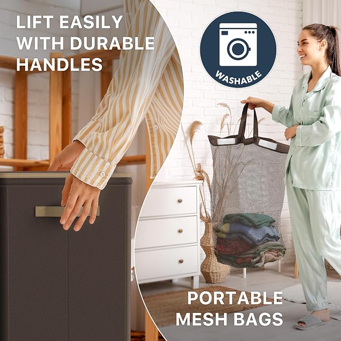 Simple Houseware Foldable Laundry Hamper Basket with Lid and Bag, Brown | Heavy Duty 600D Polyester, Water-Resistant Surface