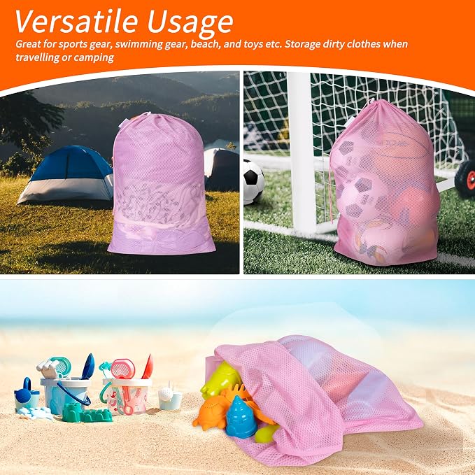 Heavy Duty Diamond Mesh Laundry Bag, 24x36", Pink | Drawstring & ID Tag, Breathable Mesh, Machine Washable, Commercial Grade, , For College Dorms, Travel, Sports Equipment