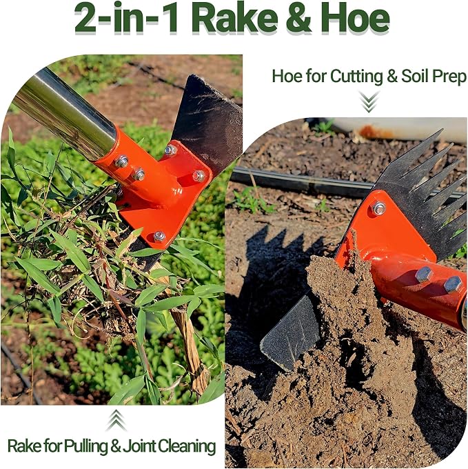 59 Inch One-Piece Handle 2-in-1 Garden Hoe and Weed Puller Tool | Weeding Tool Weed Rake Heavy Duty Spring Steel Head with Sand Texture Finish, Weed Remover for Garden, Yard, Lawn, Driveway