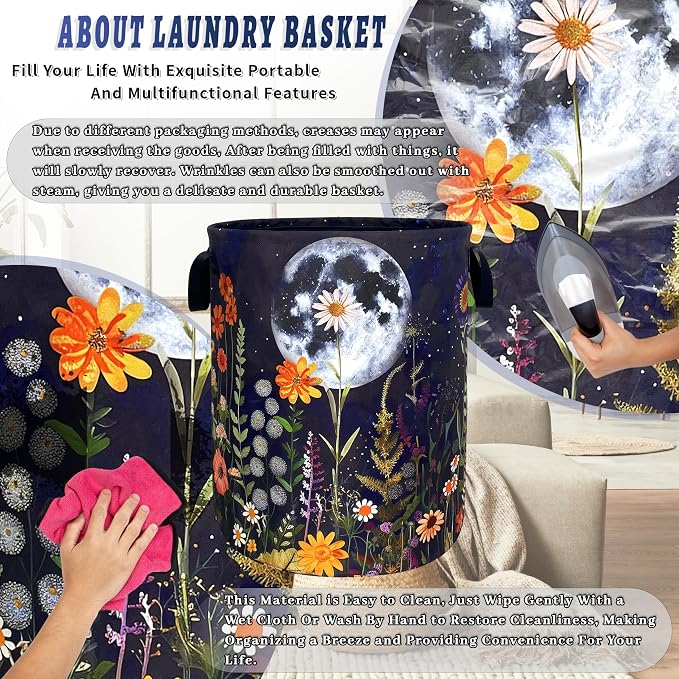 Moon Flowers Laundry Basket Oxford Cloth Hamper18.9"x16.5" | Floral Laundry Hamper With Handle Foldable Clothes Storage Basket Moon Laundry Bag For Laundry Room/Bedroom/Bathrooms