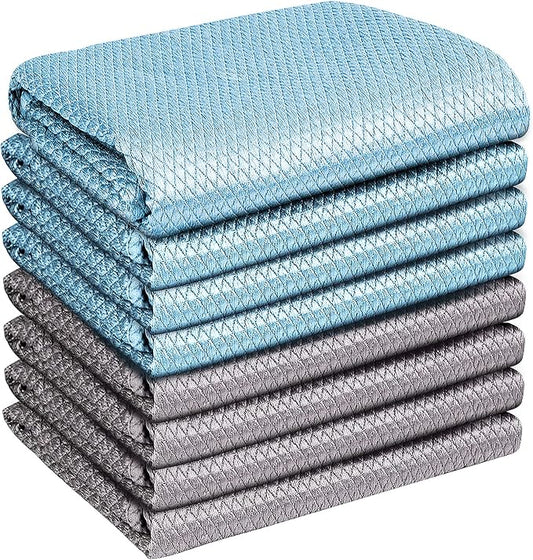 Airlab Glass Polishing Cloth Streak Free Miracle Cleaning Cloth Lint Free Microfiber Cleaning Rags for Glasses Kitchen Dish Mirrors Easy Clean, Pack of 8, 16" x 12", Grey & Blue
