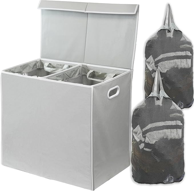 Simple Houseware Double Laundry Hamper with Lid & Removable Bags, Grey