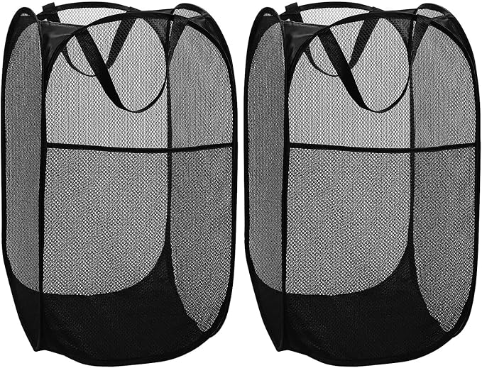 BATTOO Deluxe Strong Mesh Pop up Laundry Hamper Basket with Side Pocket Foldable Hamper for Laundry Room, Bathroom, Kids Room, College Dorm or Travel Black + Black