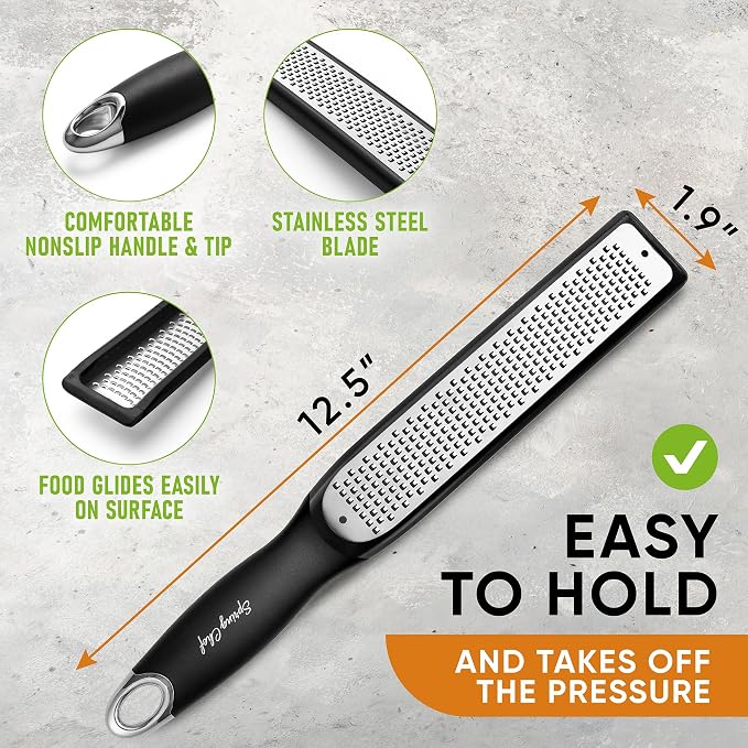 Spring Chef Premium Lemon Zester Grater with Handle - Fruits, Garlic, Chocolate, Nutmeg, Ginger Grater - Heavy Duty Kitchen Tool - Stainless Steel Citrus Zester with Blade Cover - Fine Shred, Black