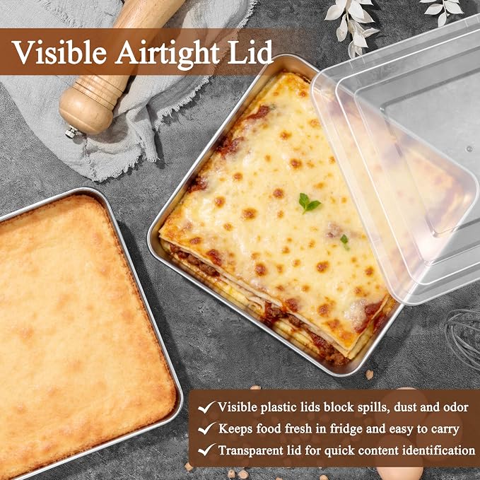 LIANYU 9 x 9 Inch Square Baking Pan, 2 Pack Stainless Steel Square Cake Pan Set with Lid, Metal Baking Dishes for Bread Lasagna Brownie Cookie, Oven & Dishwasher Safe (2 Pans + 2 Lids)