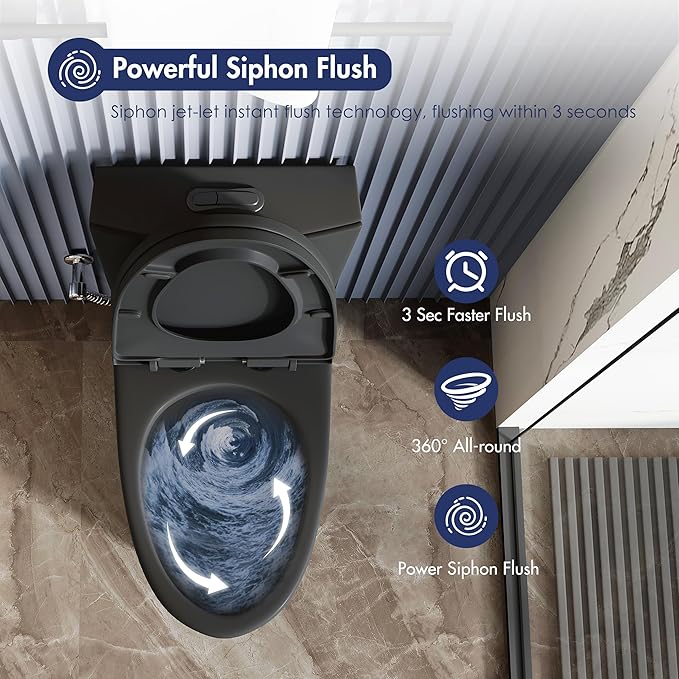 Eridanus Elongated One Piece Toilet with Powerful Siphon Dual Flush 1.1/1.6 GPF, 12" Rough-In Modern Bathroom Toilets with Comfort Soft Closing Seat Height 17", ADA Compliant Bowl, Matte Black