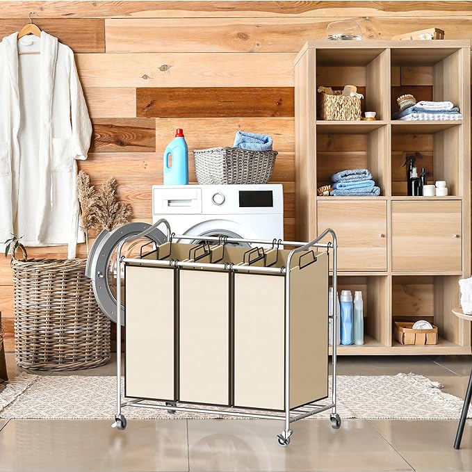 Simple Houseware Heavy Duty 3-Bag Laundry Sorter Rolling Cart, Chrome | Removable Bags and Lockable Wheels for Laundry Room Organization