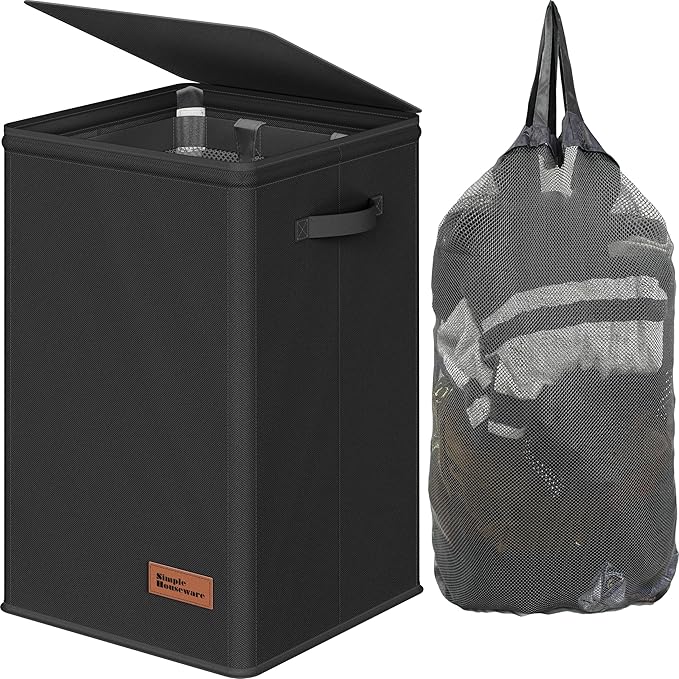 Simple Houseware Foldable Laundry Hamper Basket with Lid and Bag, Black | Heavy Duty 600D Polyester, Water-Resistant Surface