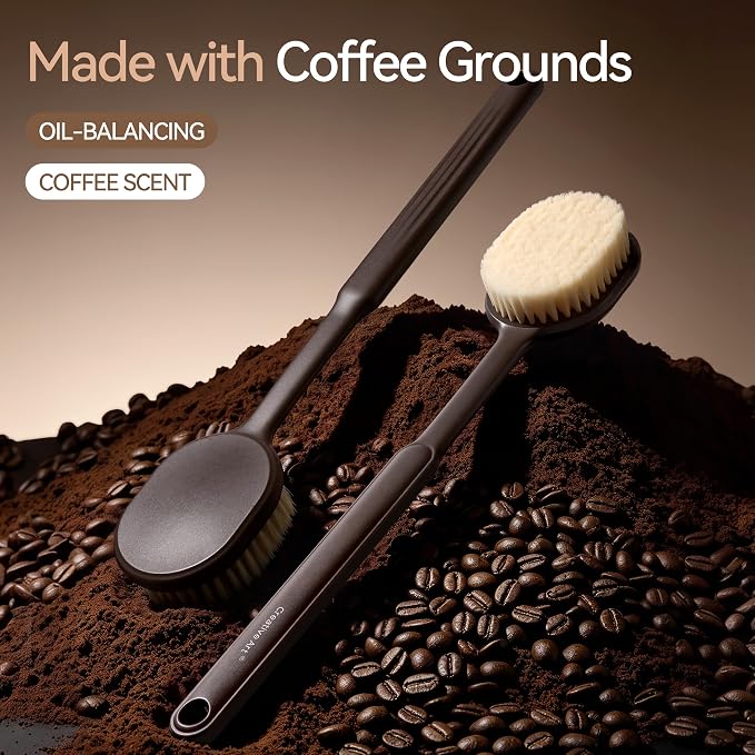 Back Scrubber for Shower for Men Women, Body Brush with Long Handle, Exfoliating Bath Washer with Soft Bristles for Wet or Dry Brushing, Back Scrub Deep Cleaning, Coffee Ground Infused
