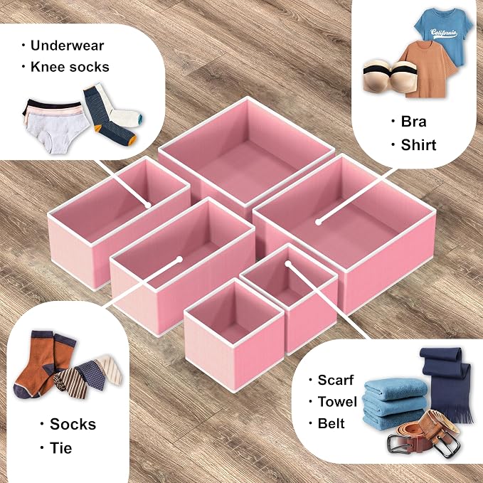 Simple Houseware Foldable Drawer Organizer Stocking Bin, Set of 12, Pink | Fabric Storage Bins for Clothes, Underwear, Bra, Panty, Socks, Onesies – Closet & Dresser Dividers for Home