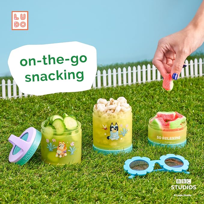 Whiskware Bluey Stackable Snack Containers for Kids and Toddlers, 3 Stackable Snack Cups for School and Travel, Bluey and Bingo, So Relaxing! (Pack of 12)
