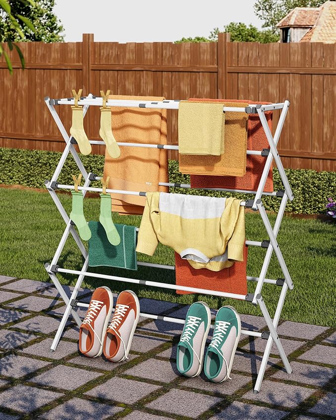 APEXCHASER 3-Tier Foldable Clothes Drying Rack, 37.6" H, White | Rust-resistant Metal, Tool-free Assembly, Extendable Drying Hanger, Fold Flat to Easy Storage, 11.8" D x 35" W, Holds 24lbs