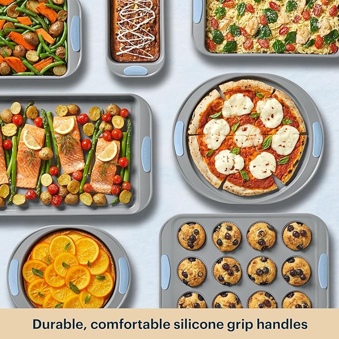 Pyrex 8-Piece Metal Bakeware Set, Lightweight Stainless Steel Baking Trays with Heatsafe Silicone Handles, Cookie & Muffin Sheets, Round/Square Baking Pans, Cerulean