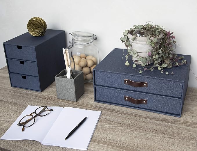 Bigso Birger 2-Drawer Canvas Fiberboard Easy Pull Handle Document Letter Box | Desktop Drawers for Loose Papers and Documents | Desktop Storage Drawers with Leather Handles | 13.1” x 10” x 5.7” | Blue