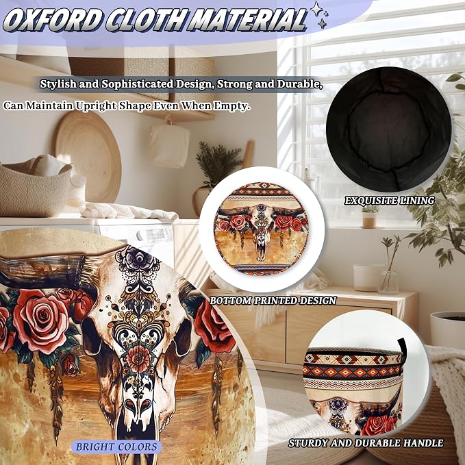 Boho Longhorn Cattle Skull Laundry Basket Oxford Cloth Tribal Laundry Hamper With Handle Foldable Portable Clothes Storage Basket Funny Laundry Bag 18.9"x16.5" For Laundry Room/Bedroom/Bathrooms