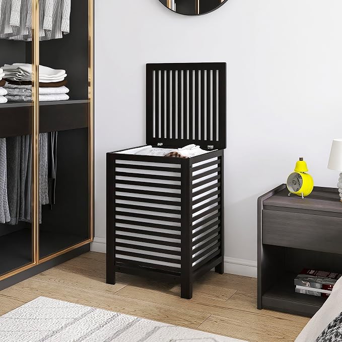 SMIBUY Double Laundry Hamper with Lid, 120L Bamboo Laundry Basket with Removable Liner Bag, 2-Section Clothes Divider Laundry Sorter for Laundry Room, Bathroom, Bedroom (Black)