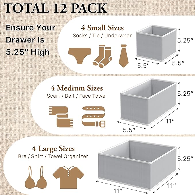 Simple Houseware Foldable Drawer Organizer Stocking Bin, Set of 12, Gray | Fabric Storage Bins for Clothes, Underwear, Bra, Panty, Socks, Onesies – Closet & Dresser Dividers for Home