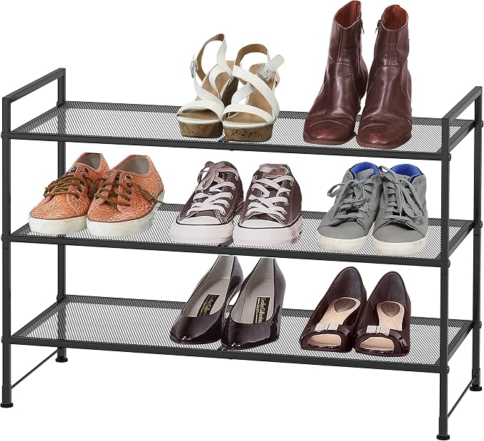 Simple Houseware 3-Tier Stackable Mesh Shoe Rack, Black | 9 Pairs of Shoes Storage Organizer for Closet, Entryway, Garage & Corridor