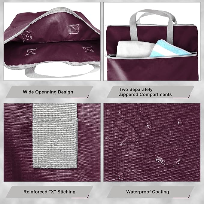 BeeGreen Burgundy Travel Laundry Bag with Handles & Zipper Pockets Dirty Clothes Hanging Laundry Hamper Heavy Duty Collapsible for College Dorm Gym Beach Pool Swimsuit