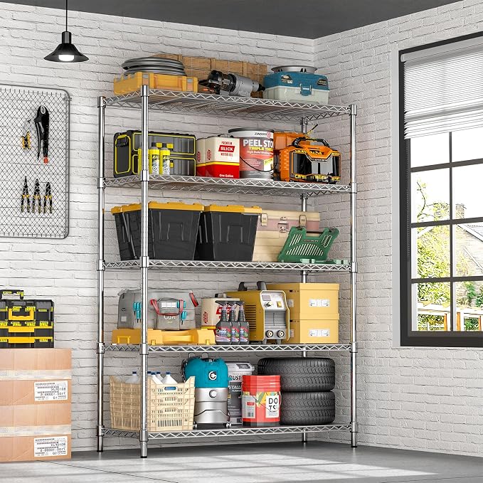 48" W Garage Shelving 1875 LBS Heavy Duty Wire Shelving Unit, Metal 5-Tier Adjustable Steel Storage Rack with Liners, 48" W x 18" D x 72" H for Pantry Kitchen Commercial, Chrome