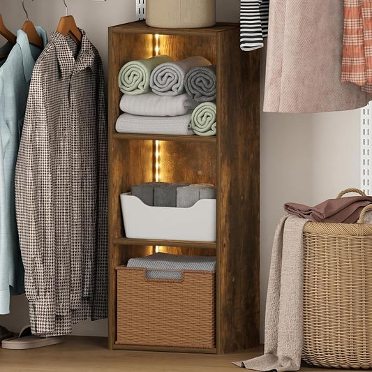 Furinno LUDER 3-Cube Closet Organizer with LED, Closet Storage, Amber Pine | 9.3 x 12 x 31.5, White LED Light, Organizers and Storage, Closet Storage, for Wardrobe, Bedroom, Entryway