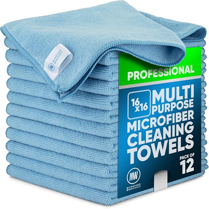 MW Pro Microfiber Cleaning Cloth | Blue | 12 Pack | 16” x 16” | All Purpose Microfiber Towels - Clean, Dust, Polish, Scrub, Absorbent