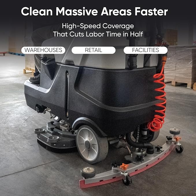Battery Powered Ride-On Commercial Floor Scrubber Machine, 30" Brush, 39" Squeegee Width, 24 gal Solution Tank, 25 gal Recovery Tank, 5 hr Use 8 hr Charge, 180 RPM, 52,000 Sqft/H, Batteries Included