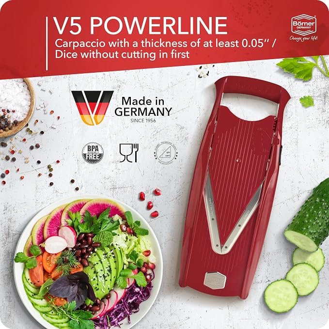 Börner Mandoline Slicer V5 (Professional Set) • Adjustable Vegetable Slicer (7-piece) • 10 Cutting Styles • Kitchen Slicer incl. Docking Station • Stainless Steel V-Blade • Color: Red