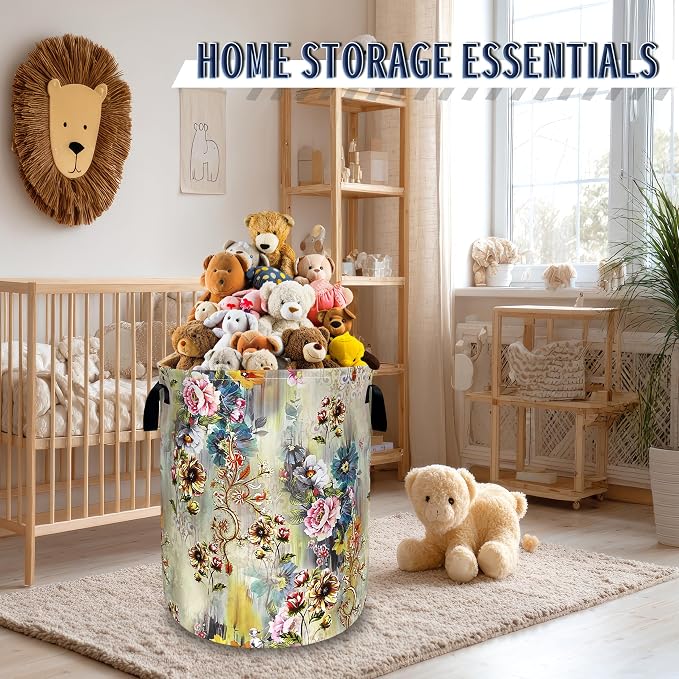 Beautiful Floral Laundry Basket Oxford Cloth Hamper 18.9"x16.5" | Colorful Flower Laundry Hamper With Handle Foldable Clothes Storage Funny Laundry Bag For Laundry Room/Bedroom/Bathrooms