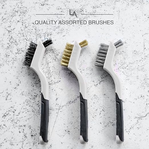 Wire Brush Set 3Pcs - Nylon/Brass/Stainless Steel Bristles with Curved Handle Grip for Rust, Dirt & Paint Scrubbing with Deep Cleaning – 7 Inches (Grey)