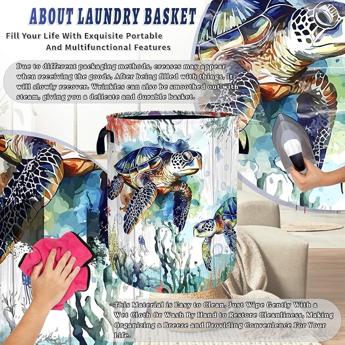 Funny Ocean Sea Turtle Laundry Basket Oxford Cloth Cute Turtles Laundry Hamper With Handle Foldable Portable Clothes Storage Basket Ocean Laundry Bag 18.9"x16.5" For Laundry Room/Bedroom/Bathrooms