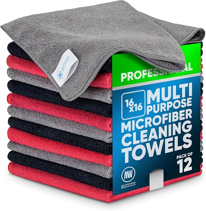 MW Pro Microfiber Cleaning Cloth | Black, Red, Gray (12 Pack) | Size 16" x 16" | All Purpose Microfiber Towels - Clean, Dust, Polish, Scrub, Absorbent
