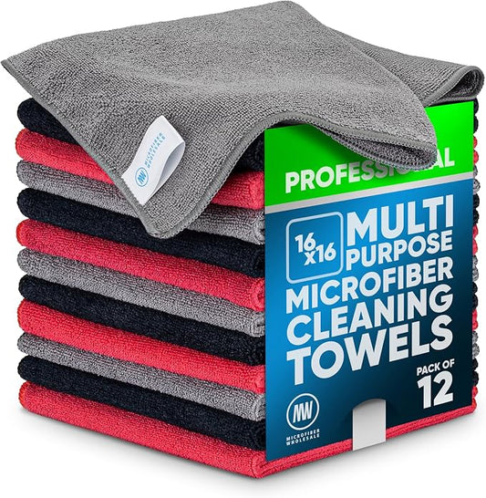 MW Pro Microfiber Cleaning Cloth | Black, Red, Gray (12 Pack) | Size 16" x 16" | All Purpose Microfiber Towels - Clean, Dust, Polish, Scrub, Absorbent