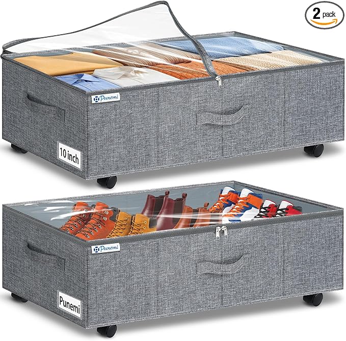 punemi 10 inch Tall Under Bed Storage Bins with Wheels, 2-Pack, Gray | Clear Lids, 5-Wheel Rolling Organizers for Clothes, Shoes and Blankets, Underbed, Closet & Dorm Organizataion