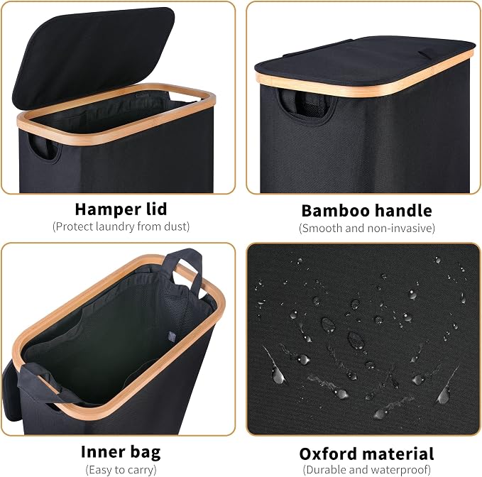 iEGrow 65L Slim Laundry Hamper, Narrow Laundry Basket with Lid，Black | Foldable Clothes Hamper with Bamboo Handles,Hamper Basket with Removable Inner Bag for Laundry Room Bedroom College Dorm