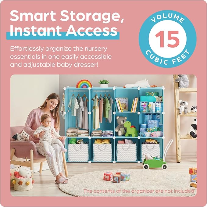 CUBEDIY Baby Closet Organizer for Nursery - Durable Baby Wardrobe Armoire for Closet - Customizable Dresser Shelves - Waterproof Shelf Clothes Organizer w/Wall Fixation (Blue)