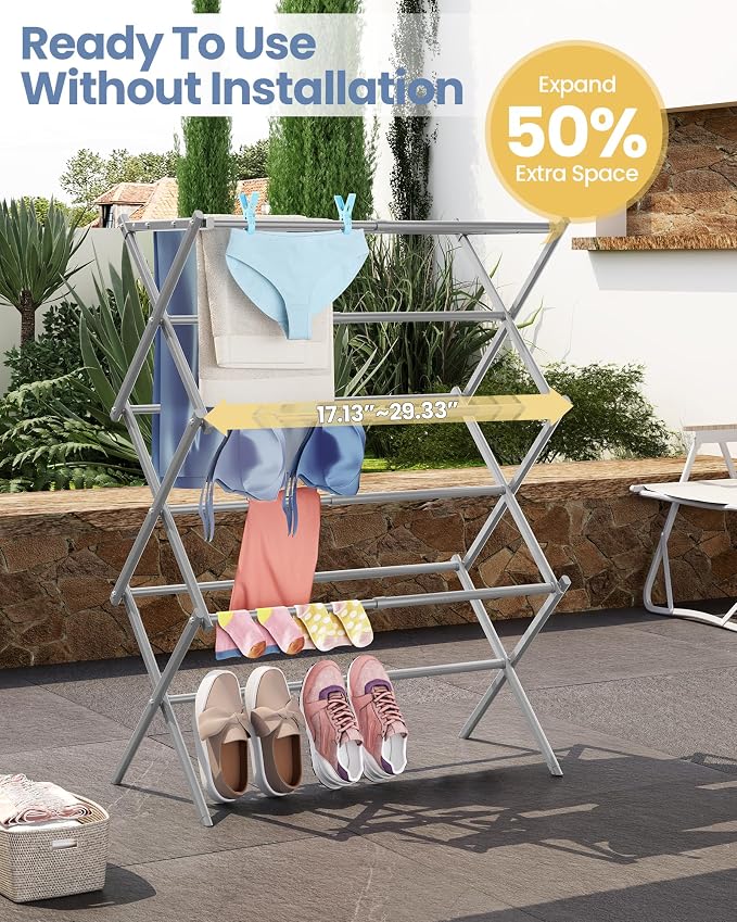 APEXCHASER Oversize 3-Tier Clothes Drying Rack, No Install, Grey | Expandable Design, Non-slip feet, Tool-free Setup, Rust Prevention, Sturdy Construction, 14.9" D x 29.3" W, Holds 24lbs