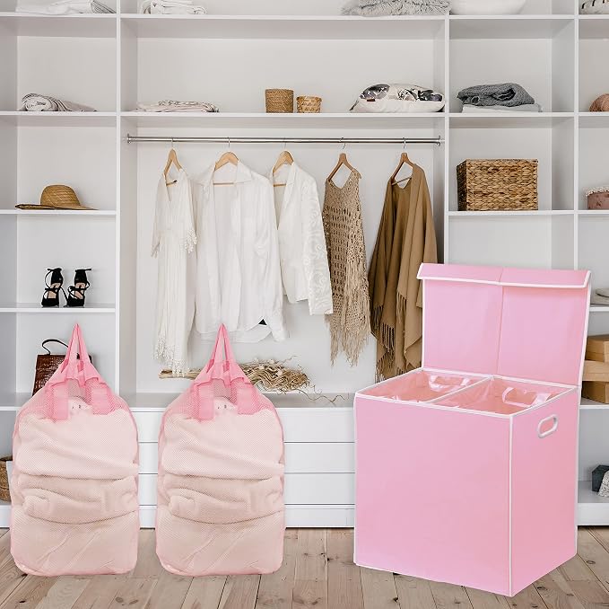 Simple Houseware Double Laundry Hamper with Lid & Removable Bags, Pink